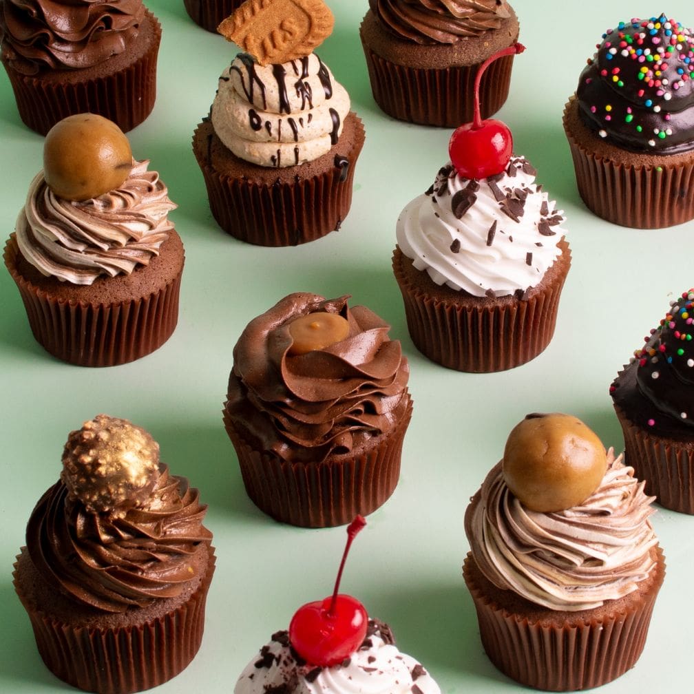 Assorted chocolate cupcakes displayed in a row with various flavours. The cupcakes are placed on a green background to showcase the 6 available flavours.