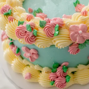 Pastel blue vintage cake with piped flowers and yellow buttercream ruffles for Mother’s Day