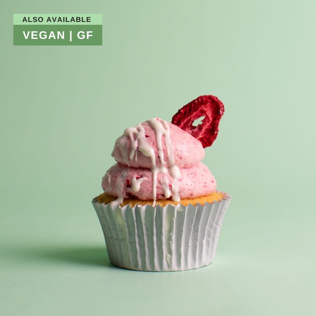 Vanilla cupcake with chunky strawberry buttercream and a freeze dried strawberry slice on top